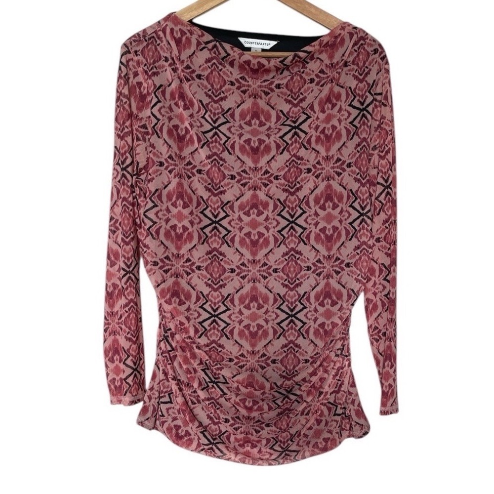 Counterparts Blouse Womens XL Pink Ikat Print Ruched Side Boat Neck Long Sleeve